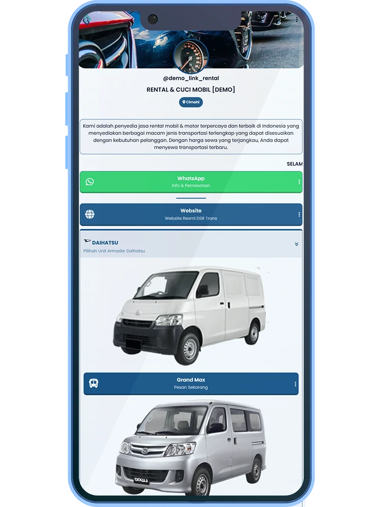 Landing Page Link In Bio Untuk Rental Mobil / Motor / Car Wash